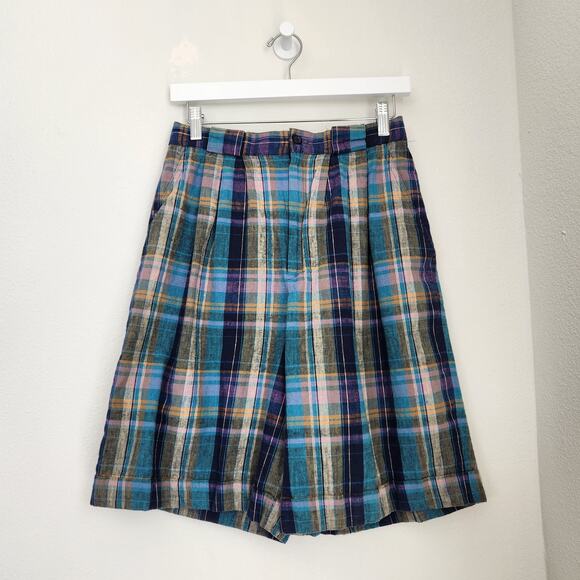 Vintage Fundamental Things Plaid Pleated High Waisted Linen Shorts Teal Purple 2 - Picture 8 of 11